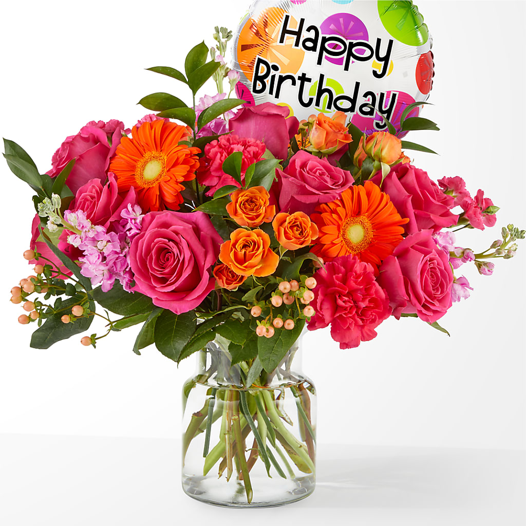 Fiesta Bouquet with Birthday Balloon – Trail Florist Incorporated, Trail BC