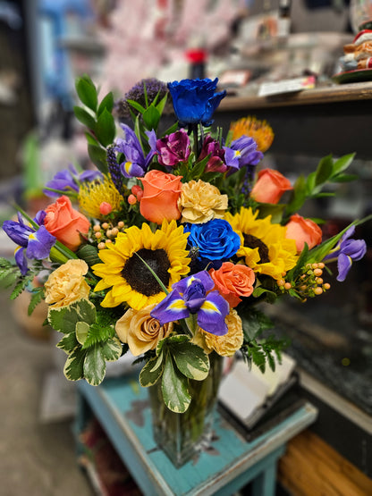 Sunflower orange and blue tribute –  Trail Florist Incorporated, Trail BC
