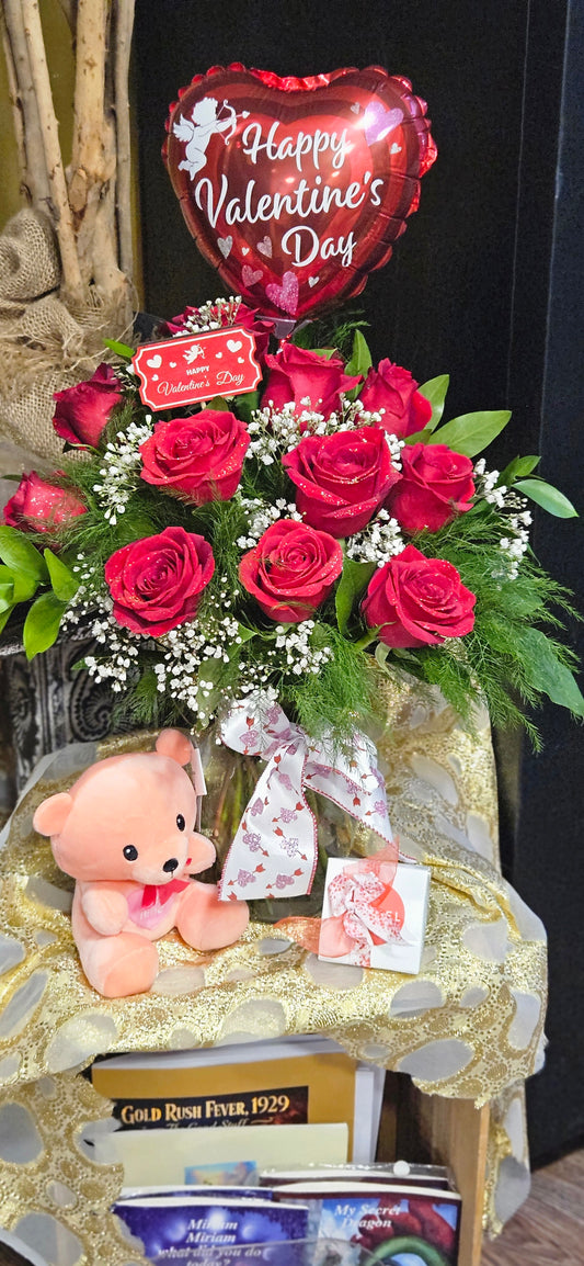 VALENTINES SPECIAL 12 medium stem  ROSES ARRANGED WITH CHOCOLATES AND TEDDY BEAR